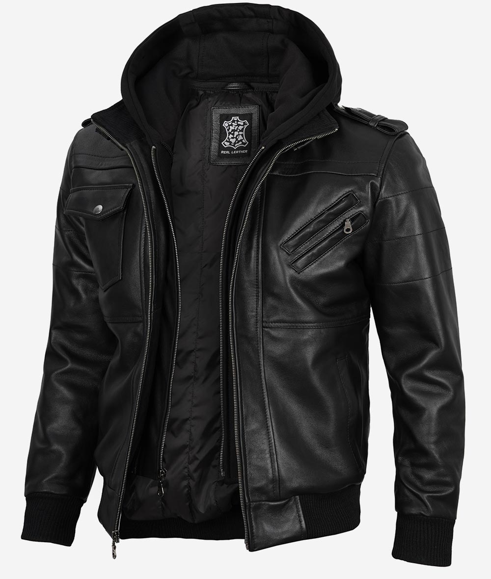 Mens Bomber Black Leather Jacket with Hood