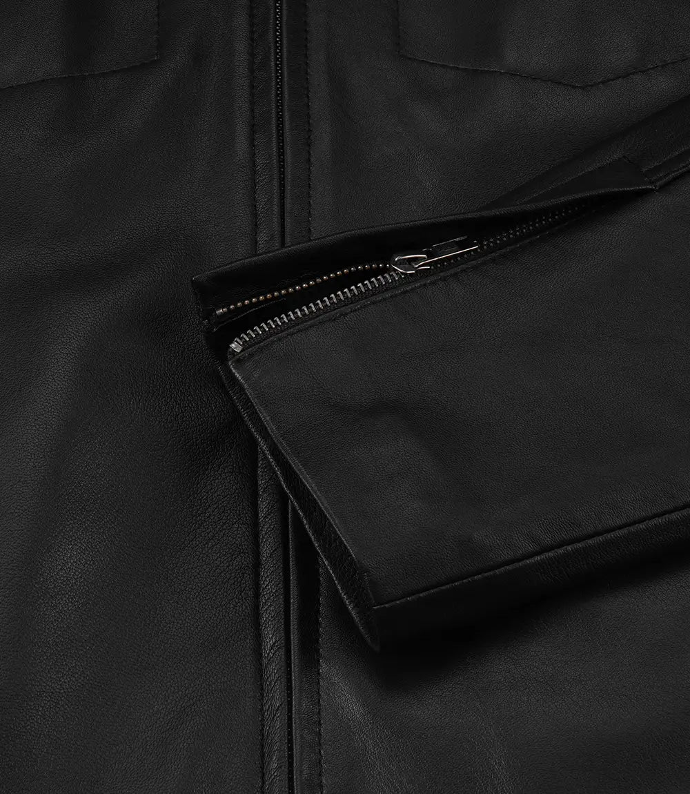 Men's Black Harrington Leather Jacket - Black - view 7