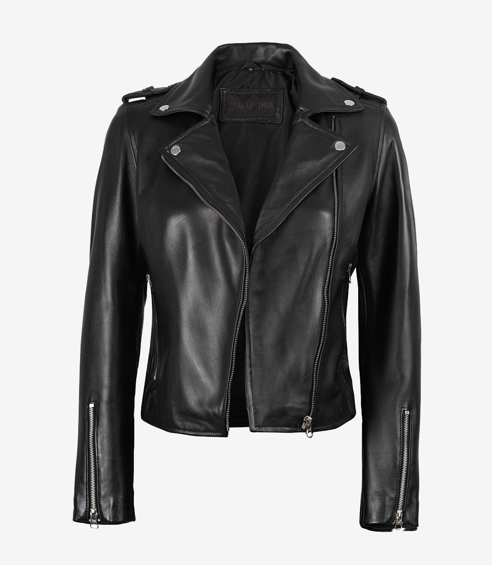 Womens Black Asymmetrical Leather Motorcycle Jacket