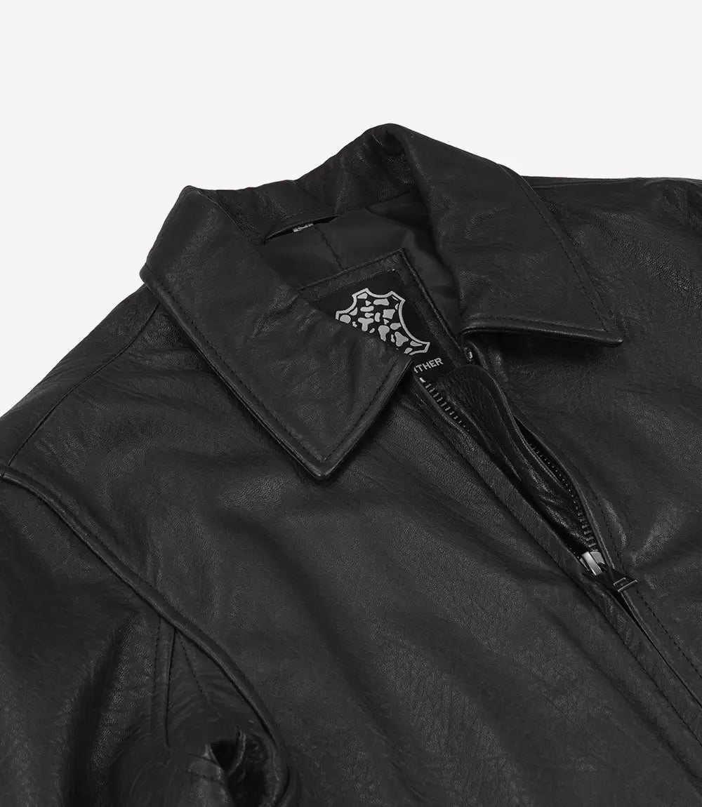 Men's Classic Washed Black Leather Bomber Jacket - Black - view 5