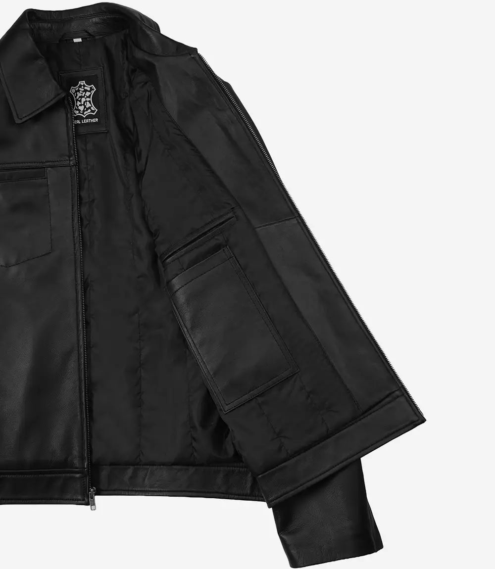 Men's Black Harrington Leather Jacket - Black - view 5