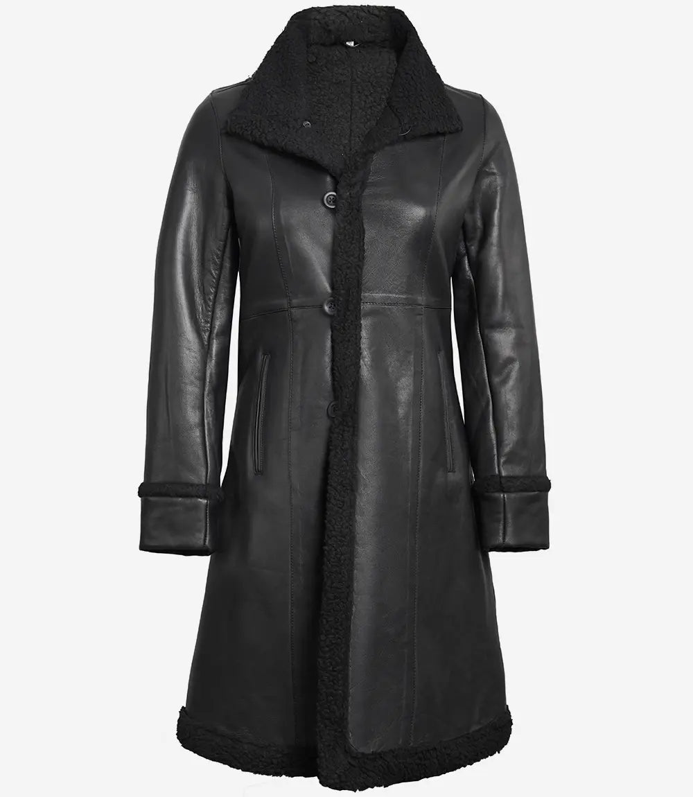 Womens Black Shearling Leather Coat