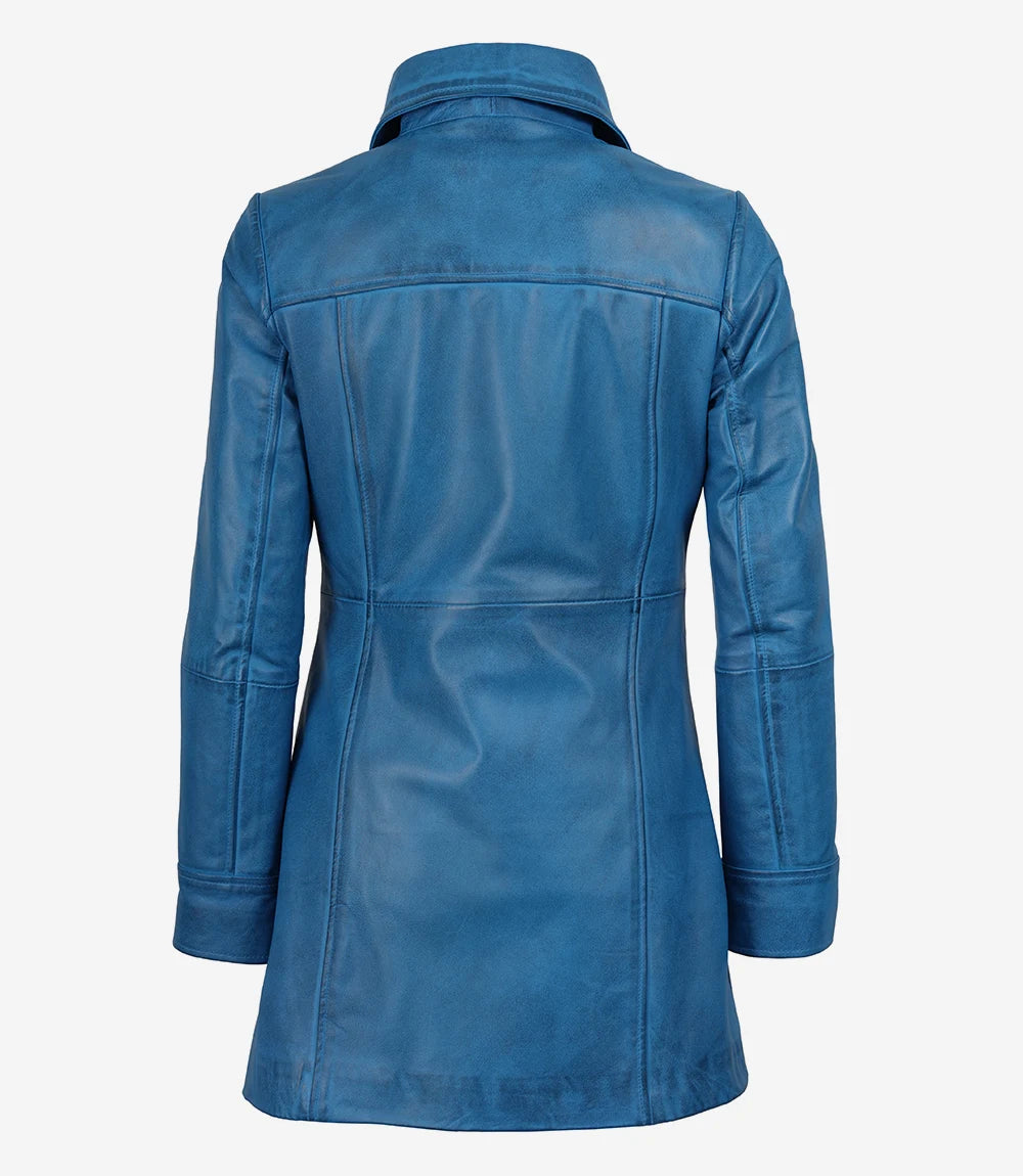 Womens Blue 3/4 Length Button Down Leather Coat
