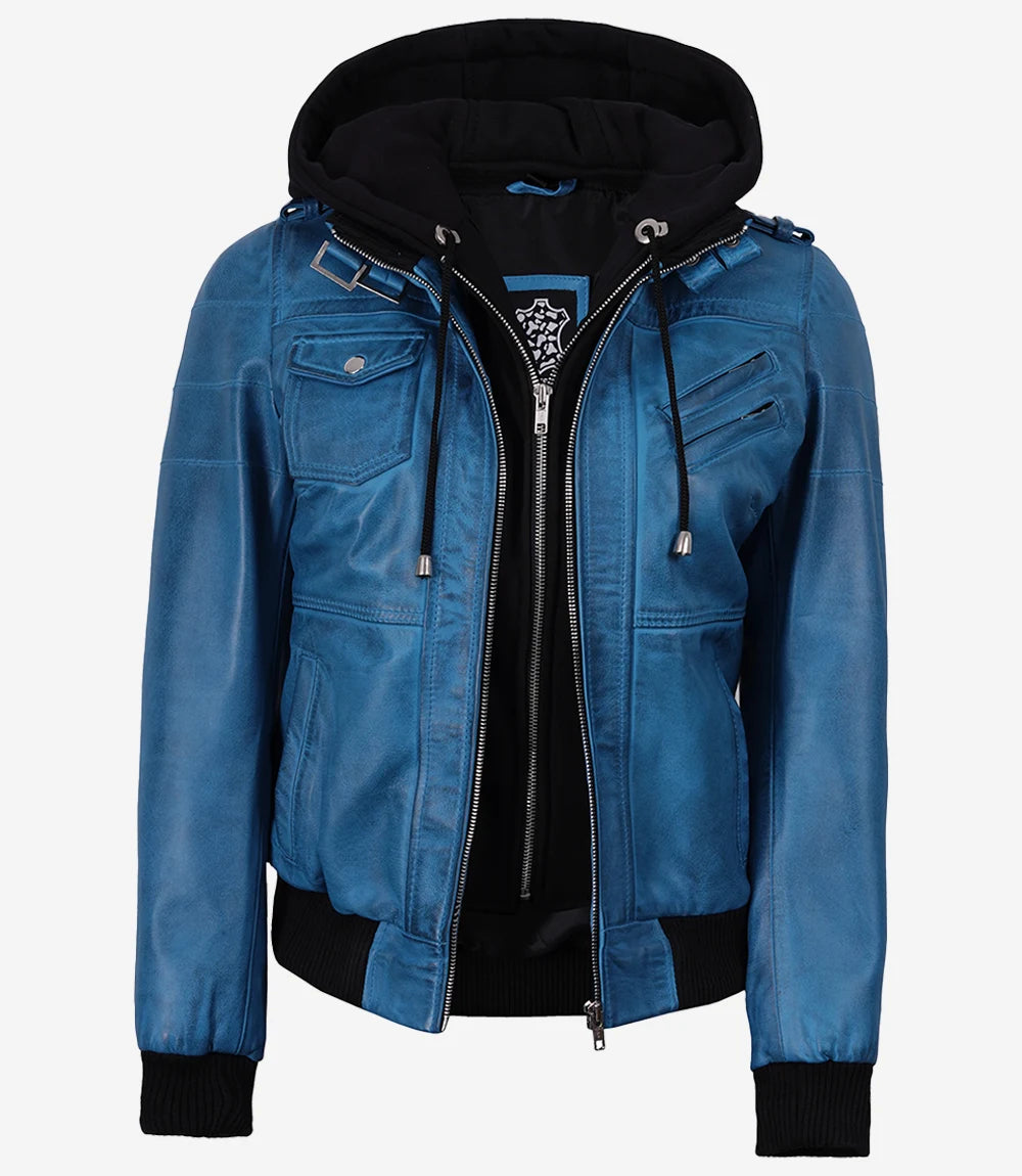 Women's Real Leather Blue Waxed Bomber Jacket with Removable Hood