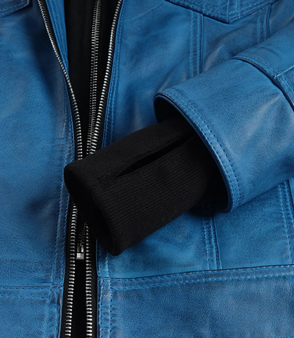 Women’s Blue Waxed Real Leather Jacket with Removable Hood