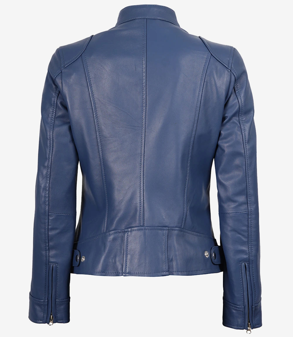 Womens Biker Racer Blue Leather Jacket