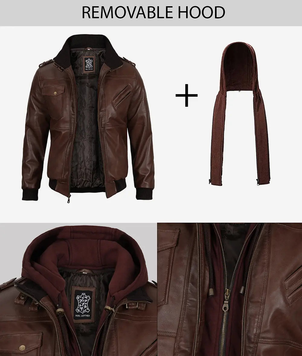 Mens Real Leather Dark Brown Bomber Jacket With Removable Hood