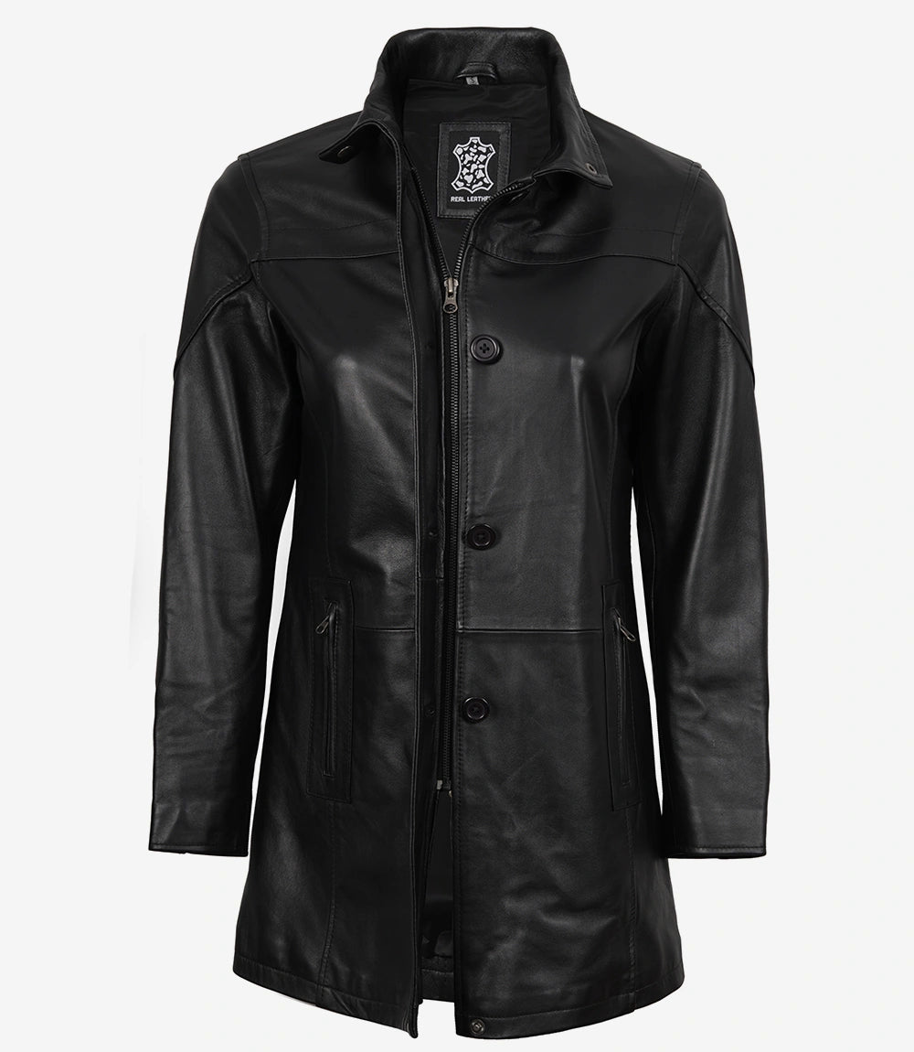 Bristol Womens Black Leather Car Coat - 3/4 Length
