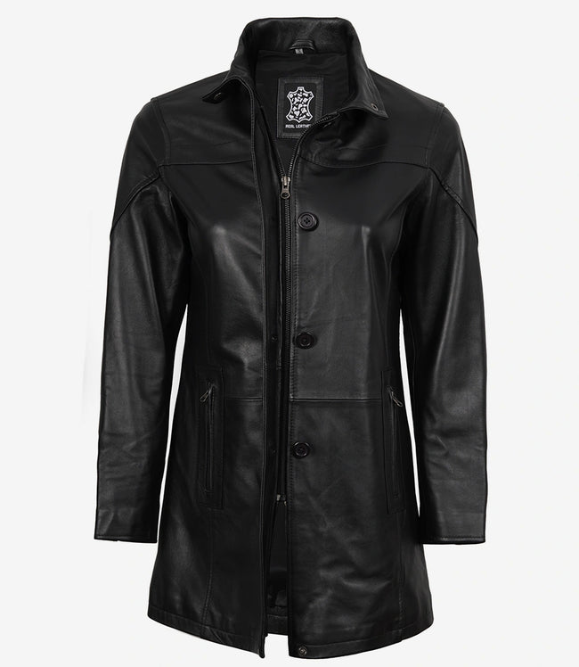 Bristol Womens Black Leather Car Coat - 3/4 Length