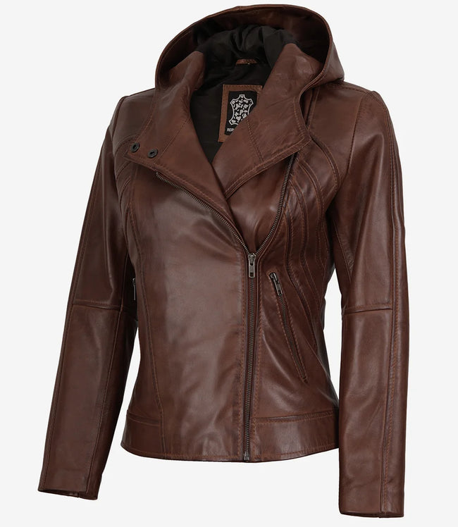 Womens Asymmetrical Brown Biker Style Leather Jacket with Hood