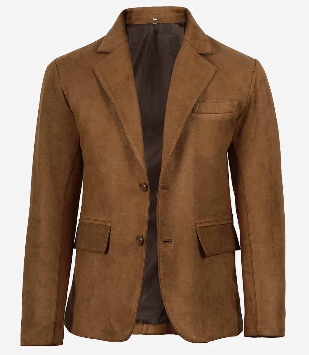 Men's Light Brown Faux Suede Blazer Jacket – 2-Button Notch Lapel