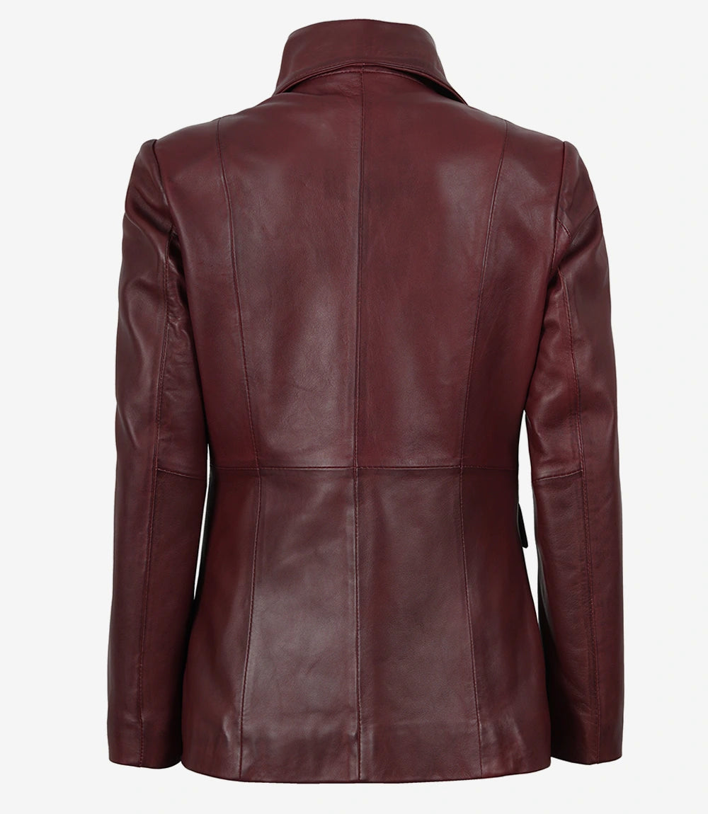Women’s Single-Button Burgundy Waxed Lambskin Leather Blazer