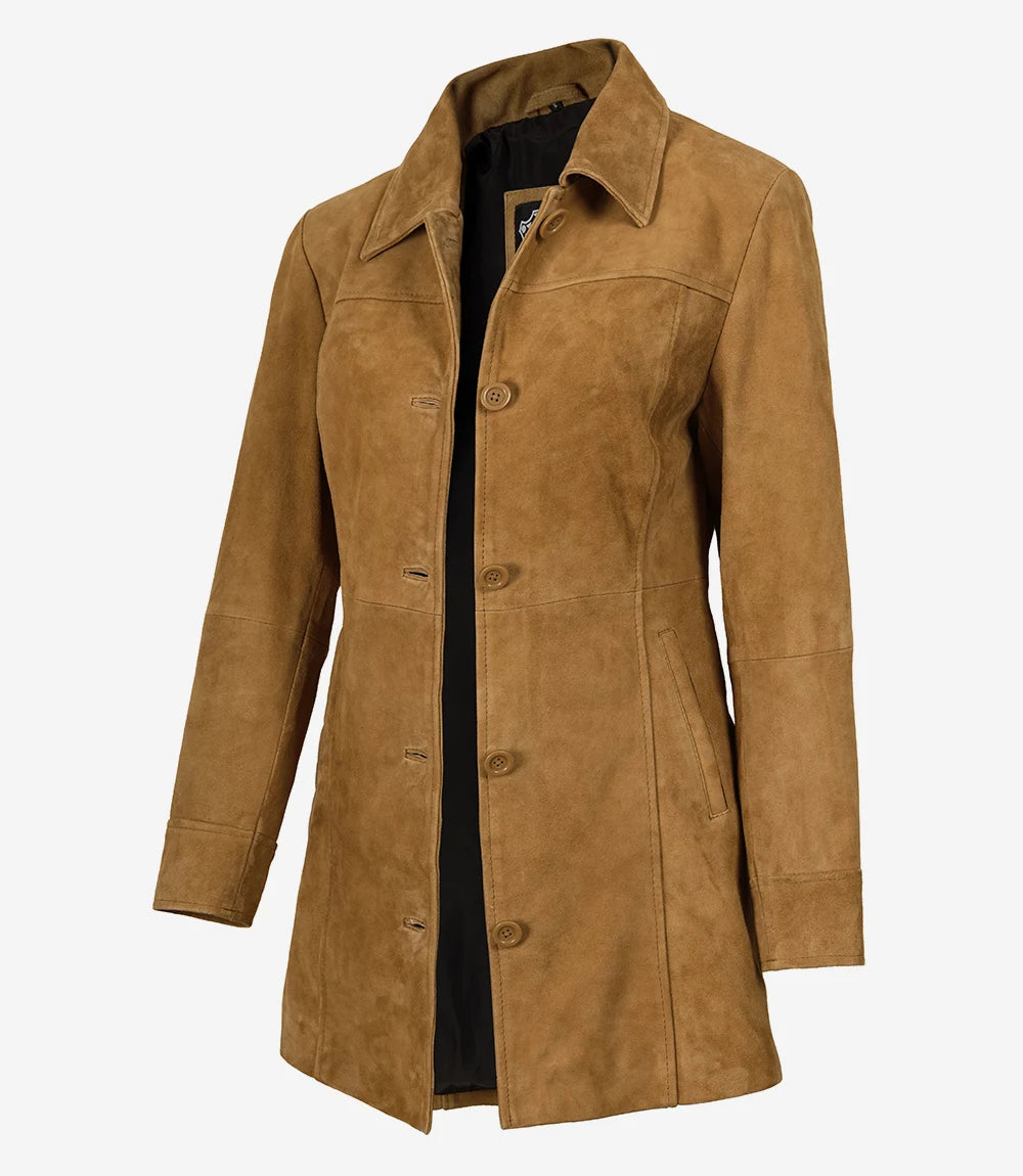 Women's 3/4 Length Button Down Brown Suede Coat