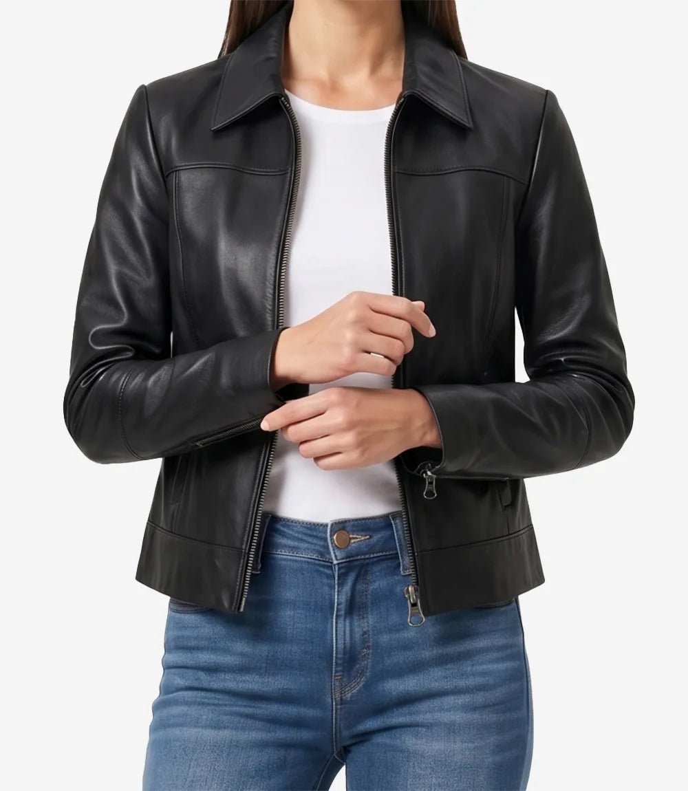 Women's Black Leather Harrington Jacket