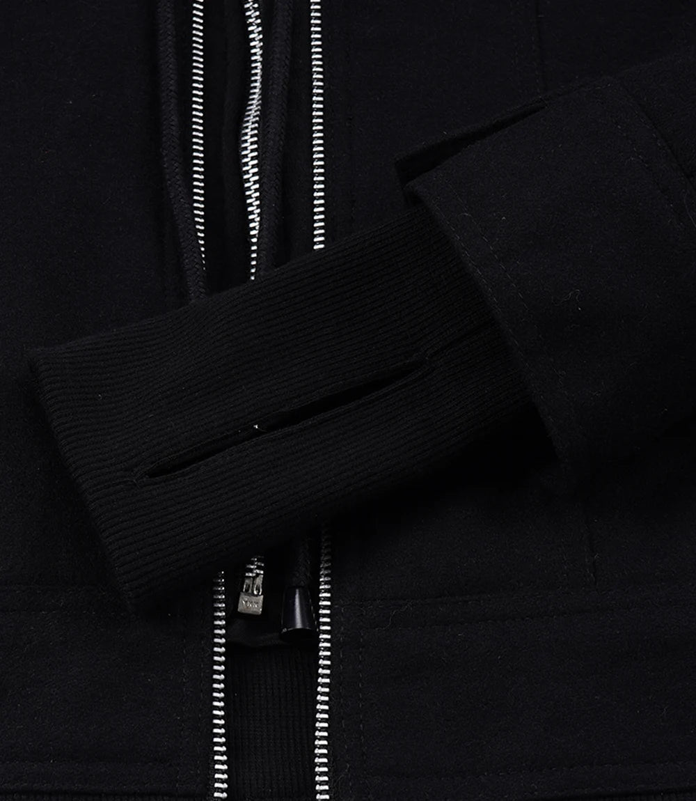 Women's Black Wool Jacket – Removable Hood with Zip Front