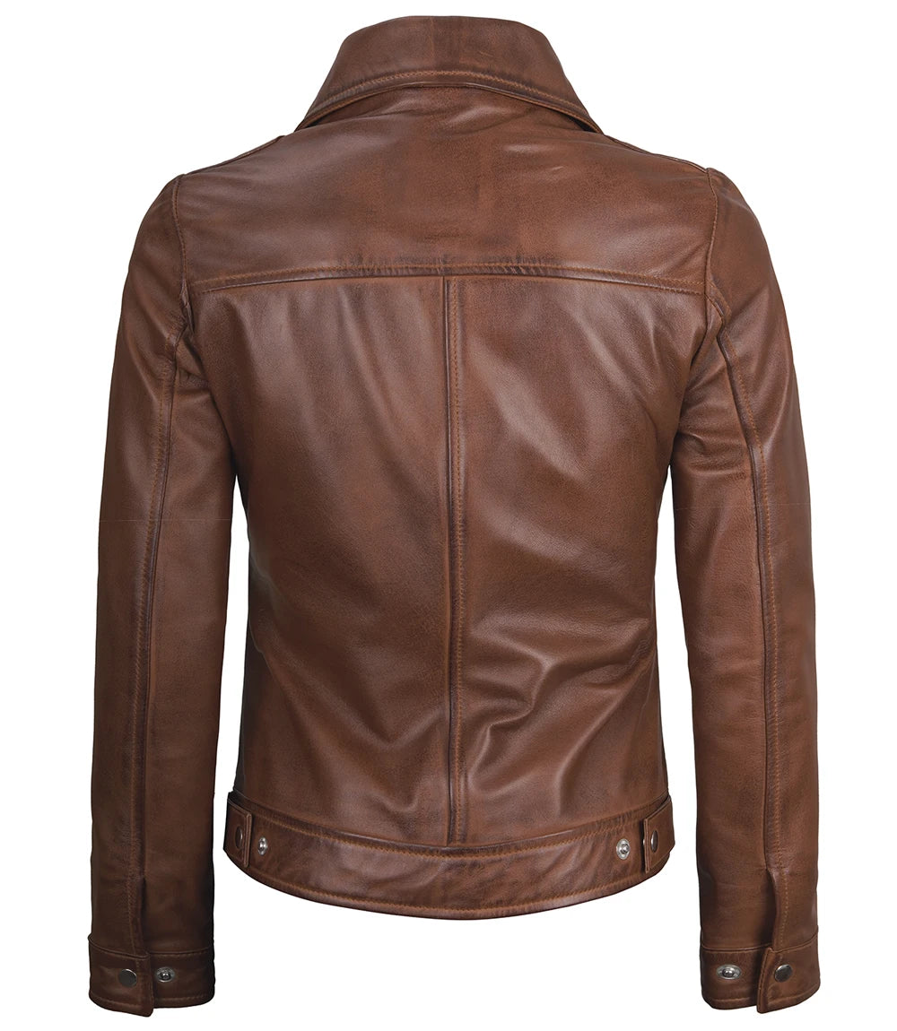 Womens Shirt Collar Cognac Leather Jacket
