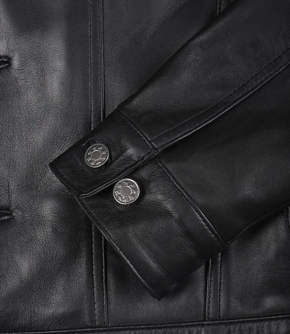Mens Four Pockets Black Leather Trucker Jacket