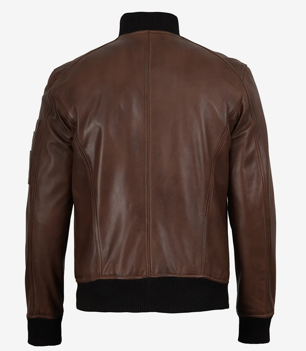 Men's Cognac Waxed Real Leather Bomber Jacket