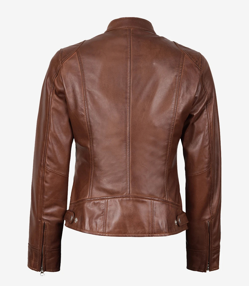 Womens Cognac Real Leather Moto Jacket