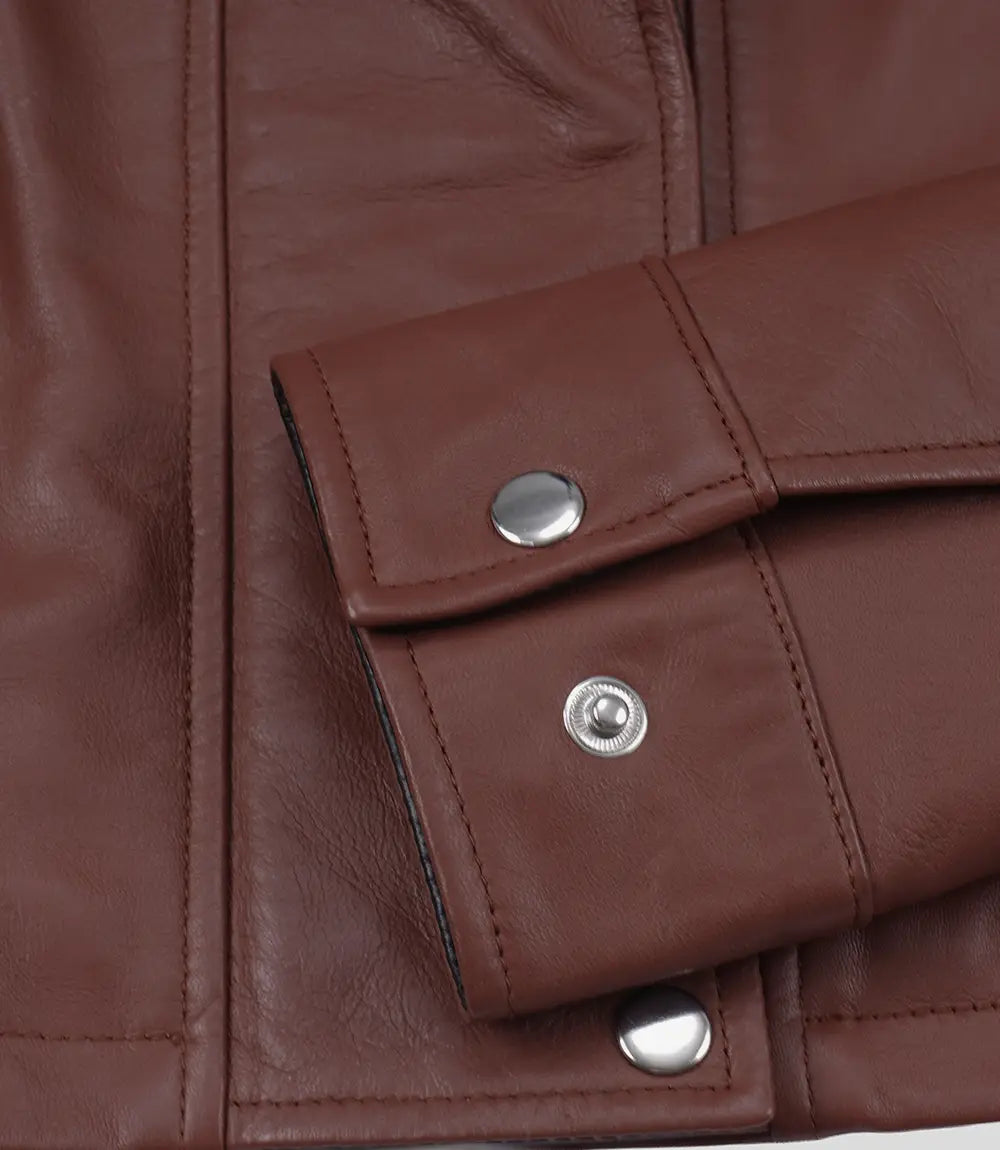 Women's Cropped Cognac Leather Jacket with Black Details - Cognac with Black Interior Detailing - view 8