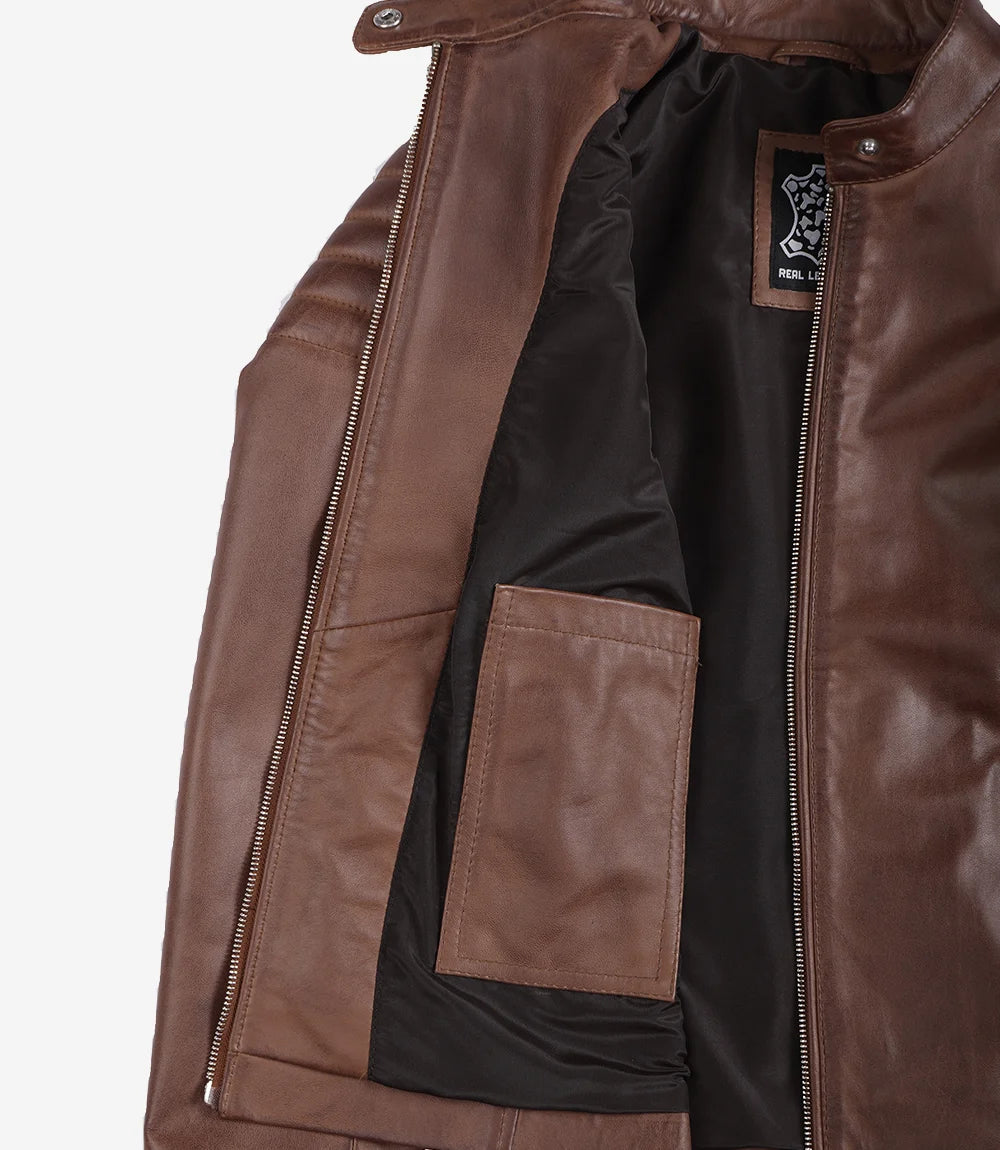 Cognac Cafe Racer Leather Jacket Women
