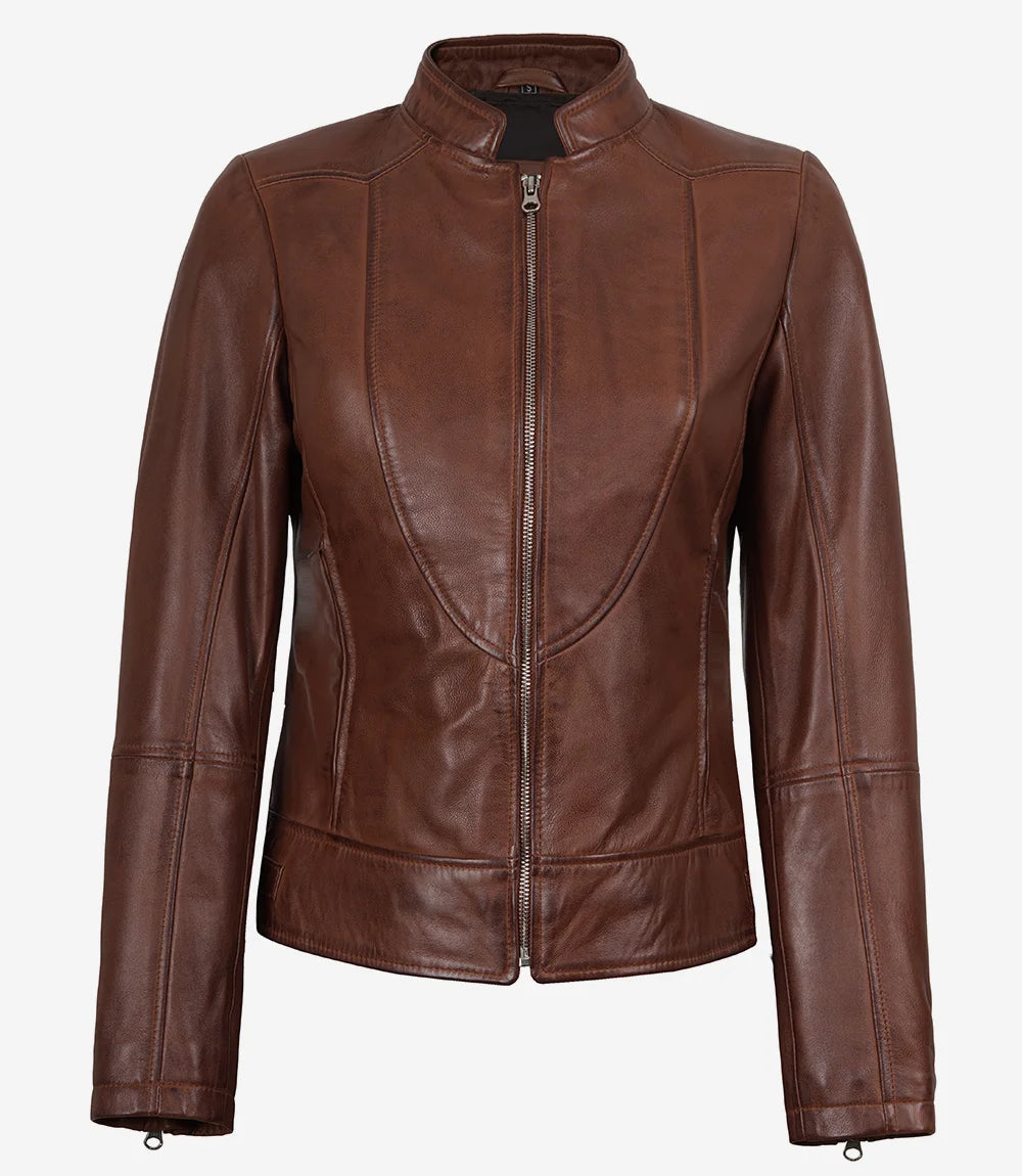 Women's Cognac Leather Biker Style Jacket