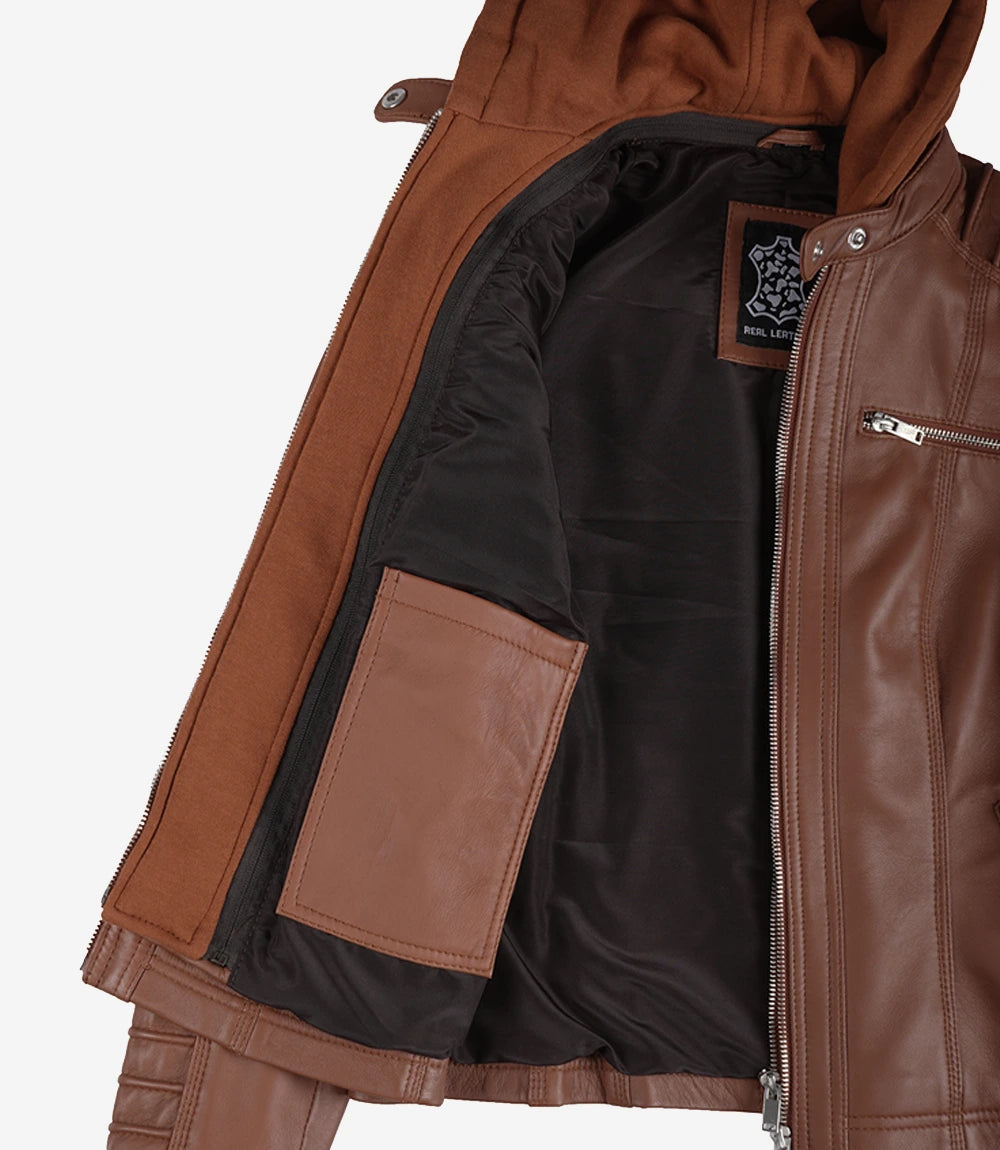 Womens Brown Hooded Leather Jacket