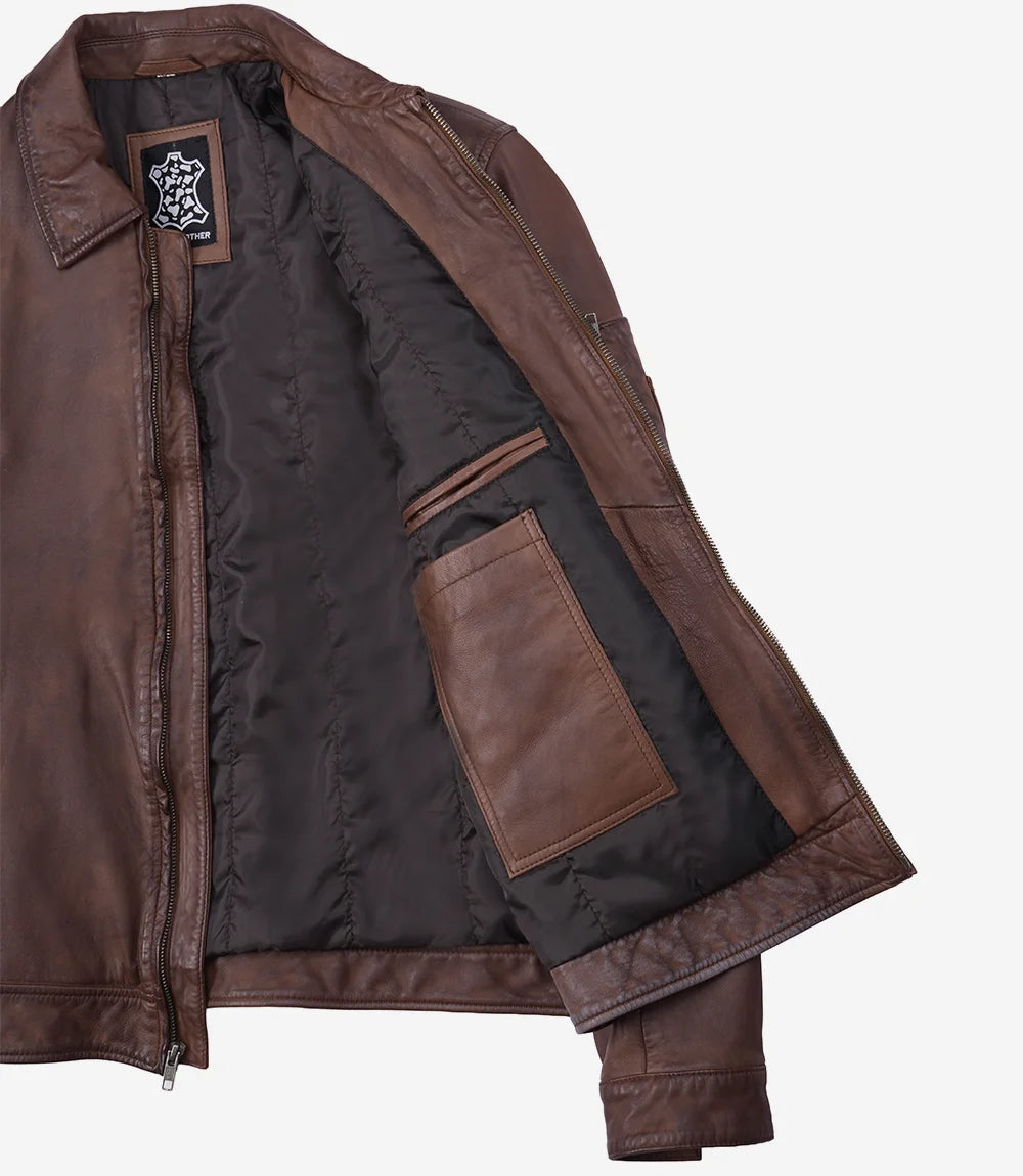 Men's Washed Cognac Waxed Leather Harrington Jacket - Washed Cognac - view 5