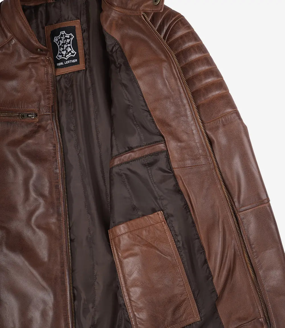 Mens Cognac Waxed Cafe Racer Leather Jacket