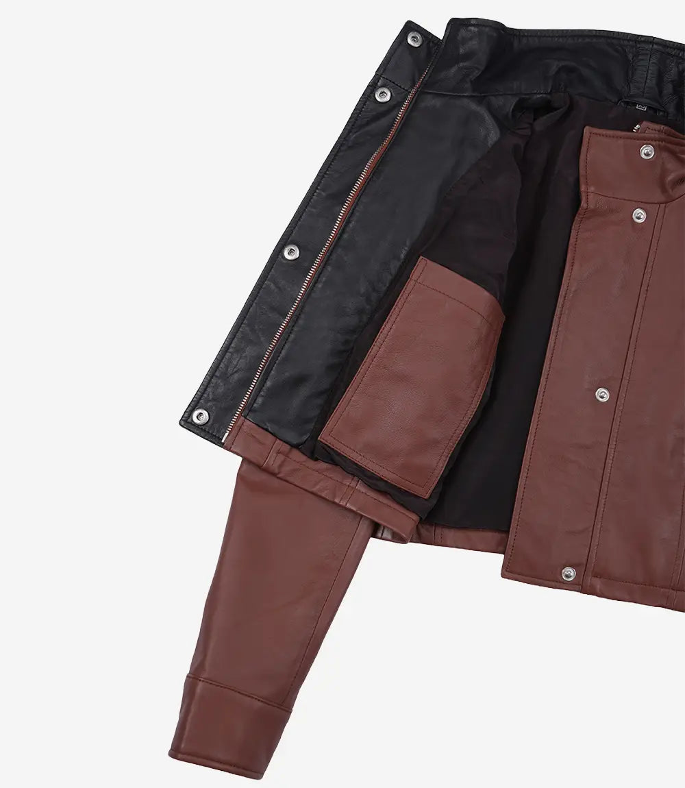 Women's Cropped Cognac Leather Jacket with Black Details - Cognac with Black Interior Detailing - view 7