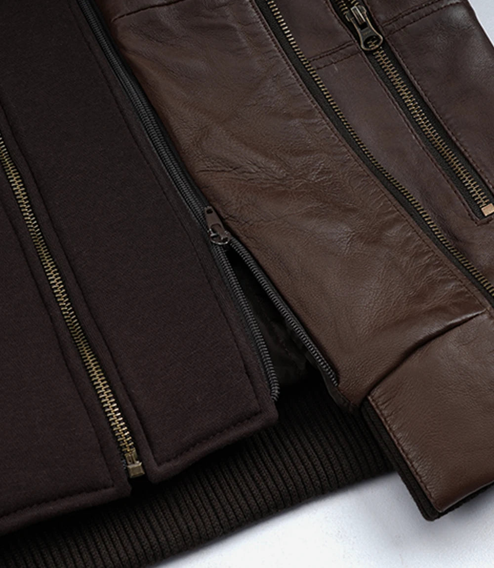 Mens Dark Brown Bomber Leather Jacket With Hood