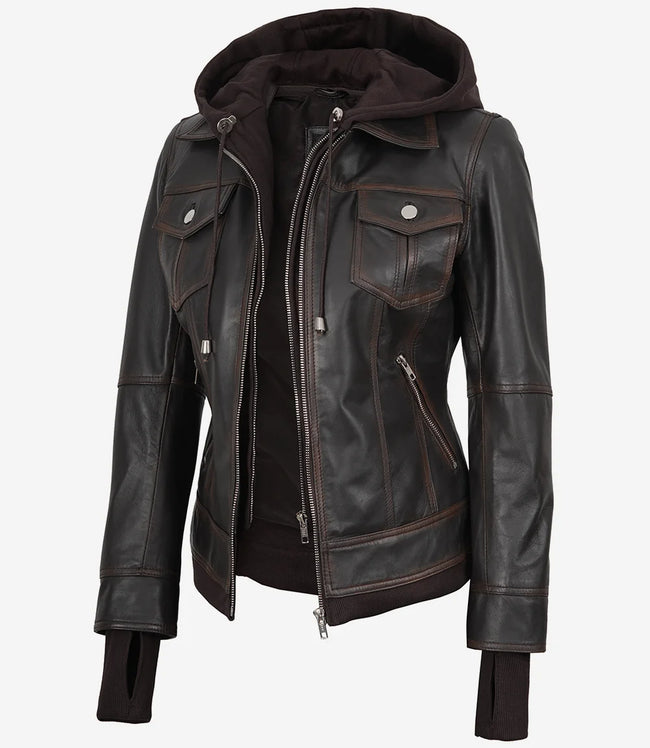 Women's Distressed Brown Bomber Leather Jacket with Removable Hood