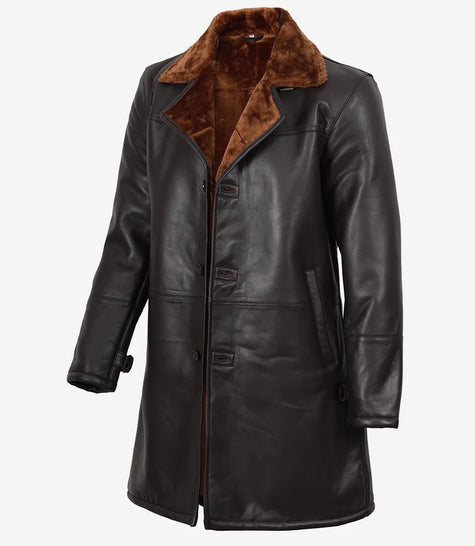 Mens 3/4 Length Dark Brown Leather Shearling Coat