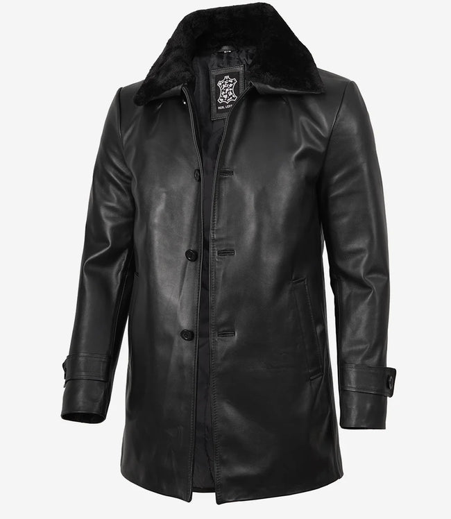 Men's Black Leather 3/4 Length Coat with Fur Collar