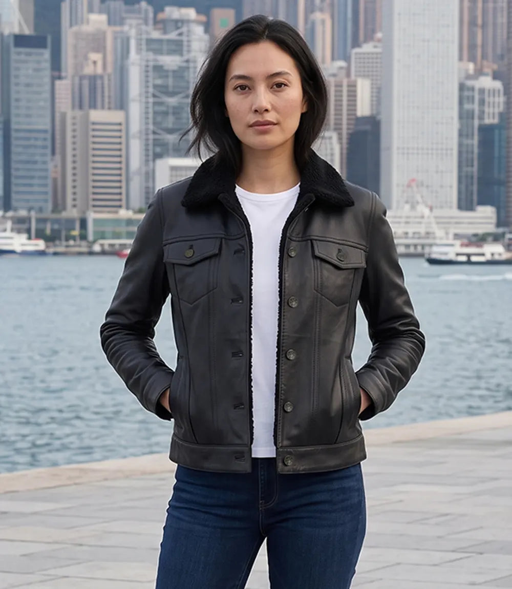 Women's Black Leather Trucker Jacket with Sherpa Lining