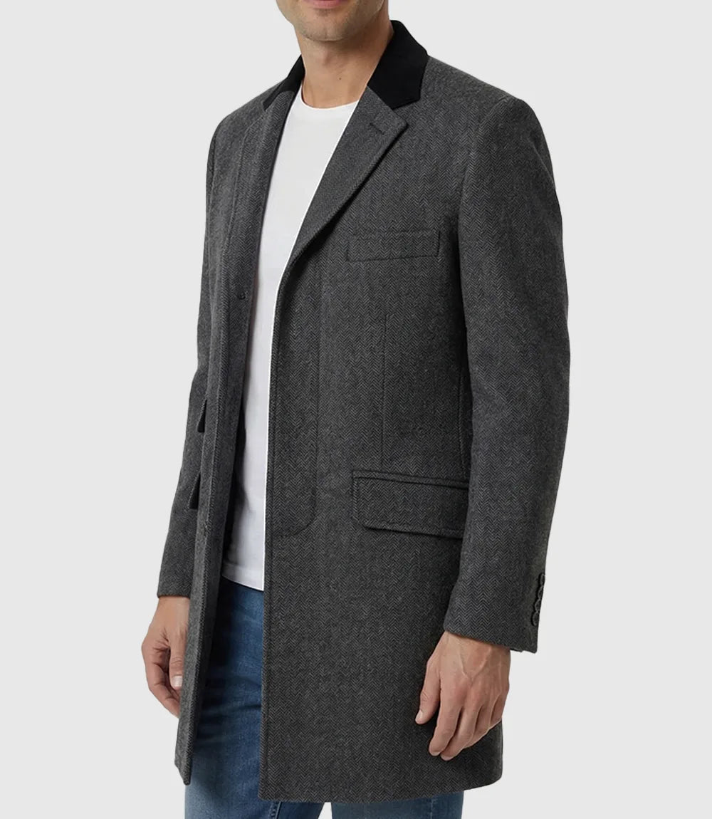 Grey Herringbone Wool Blend 3/4 Length Coat for Men