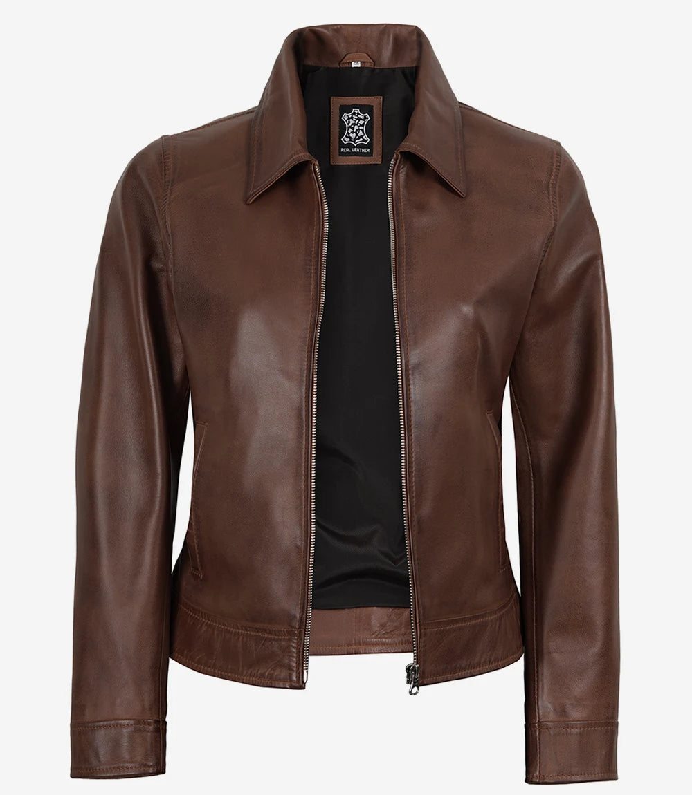 Women's Brown Cognac Waxed Shirt Collar Leather Jacket
