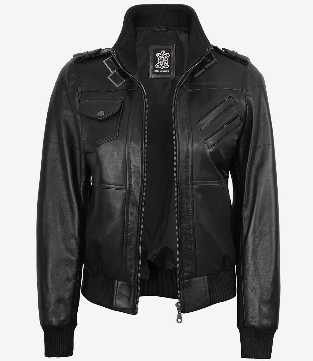 Women's Black Leather Bomber Jacket with Removable Hood