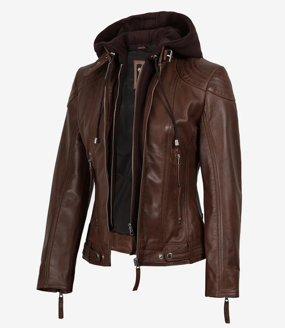 Women’s Cognac Brown Lambskin Hooded Leather Jacket (2-in-1 Style)