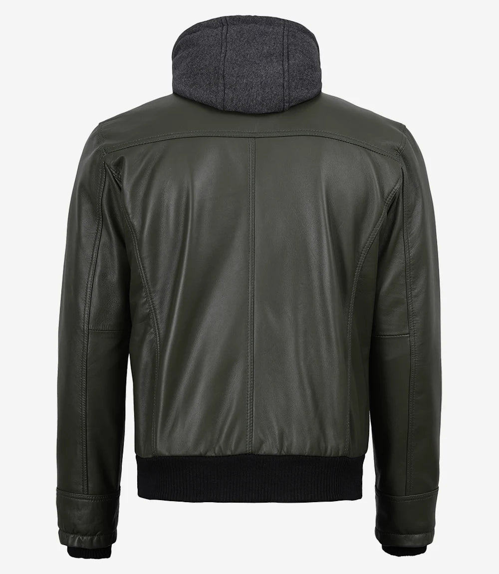 Men's Olive Green Leather Jacket With Removable Hood