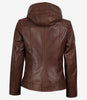 Womens Asymmetrical Brown Biker Style Leather Jacket with Hood