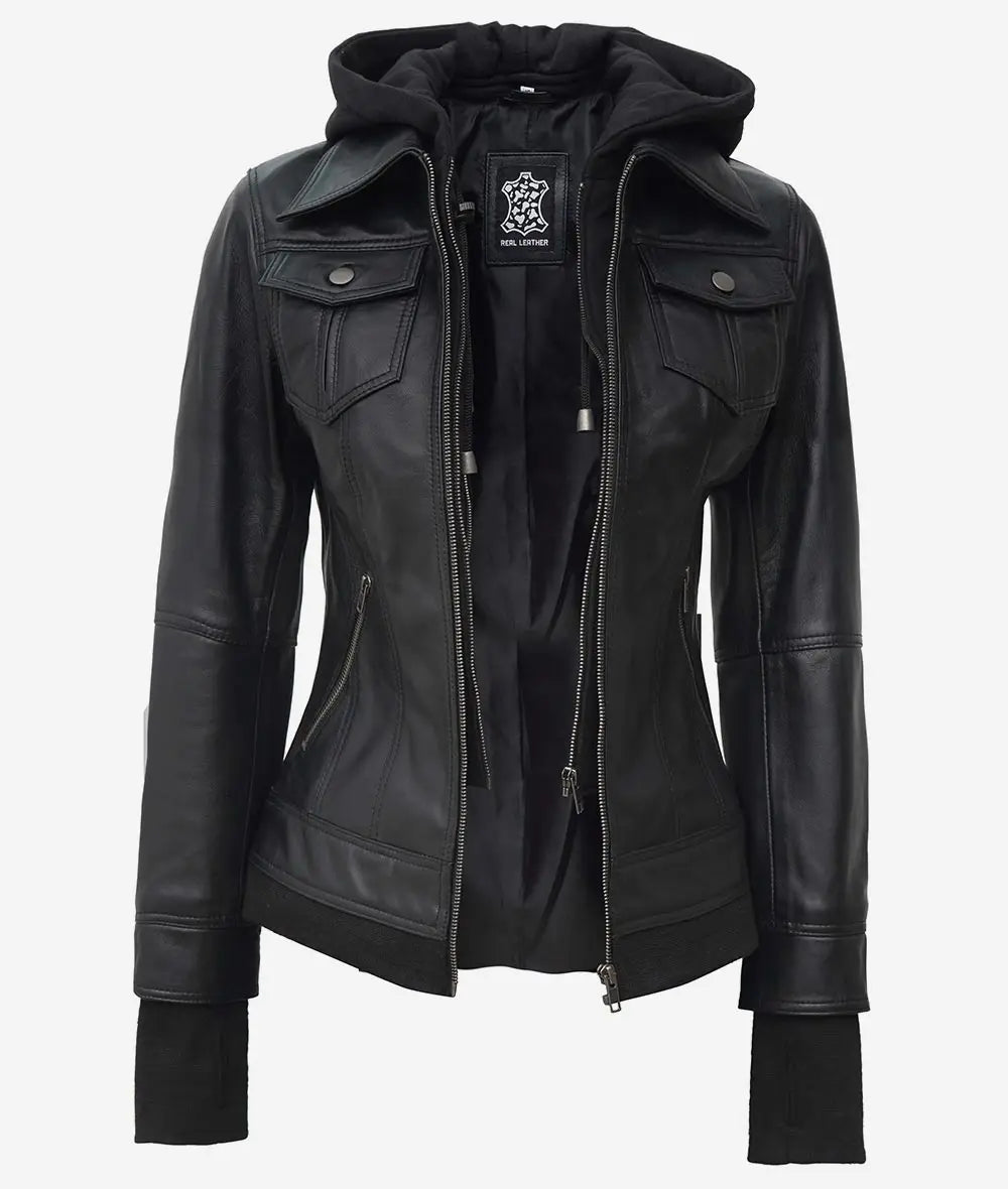 The Celeste: Womens Black Bomber Leather Jacket with Removable Hood
