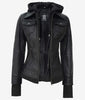 The Celeste: Womens Black Bomber Leather Jacket with Removable Hood