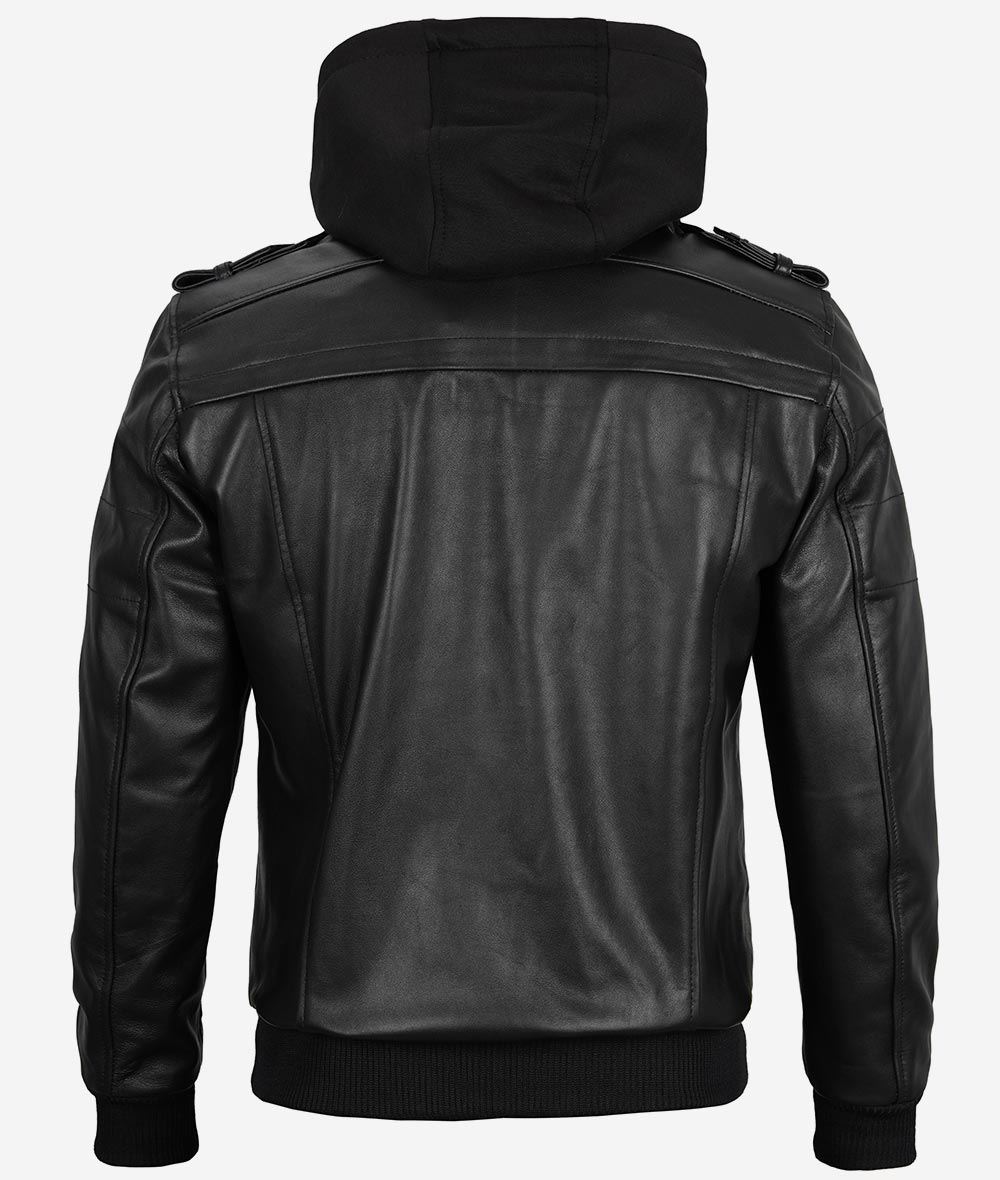 Mens Bomber Black Leather Jacket with Hood