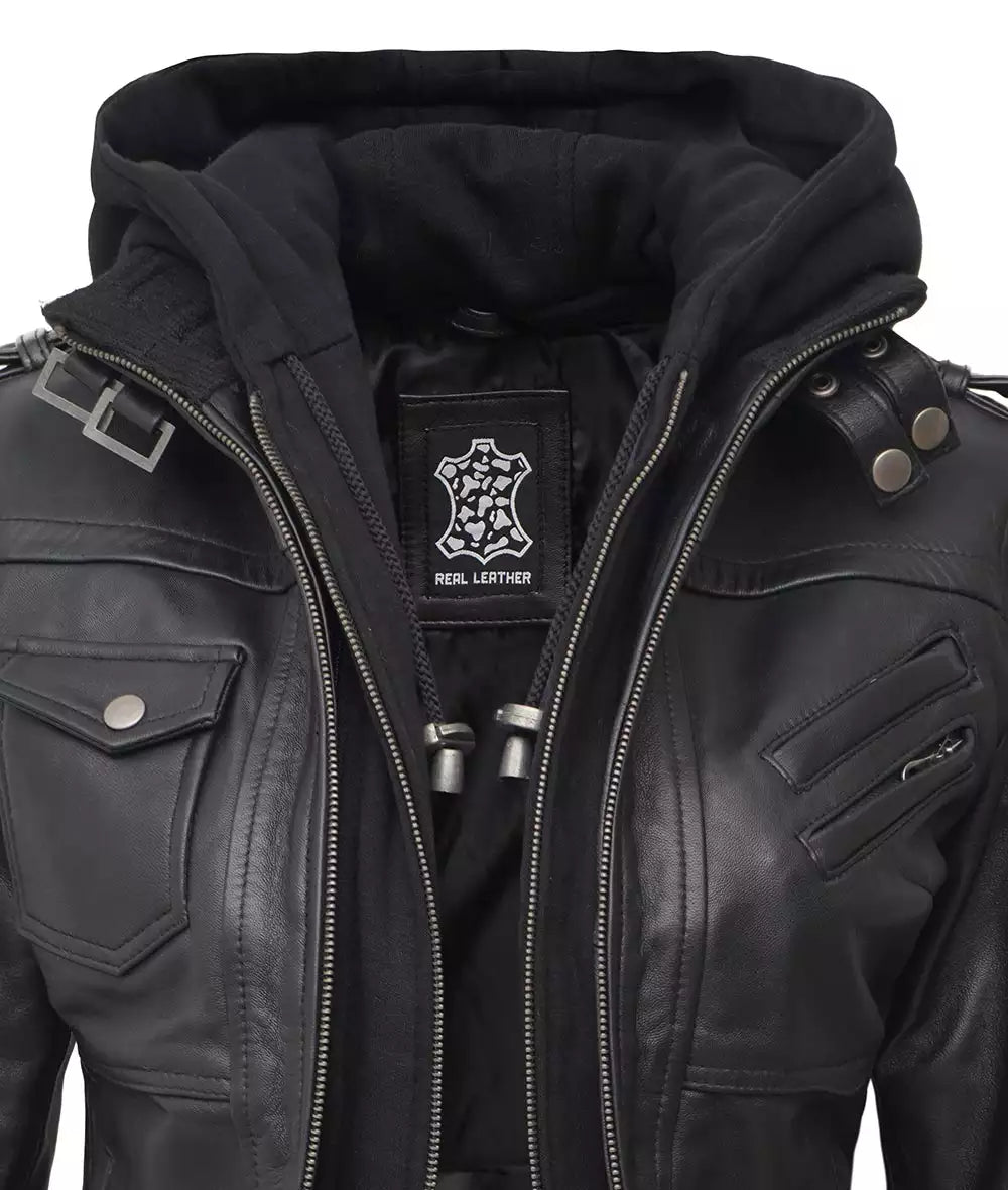 Womens Petite Black Hooded Bomber Leather Jacket
