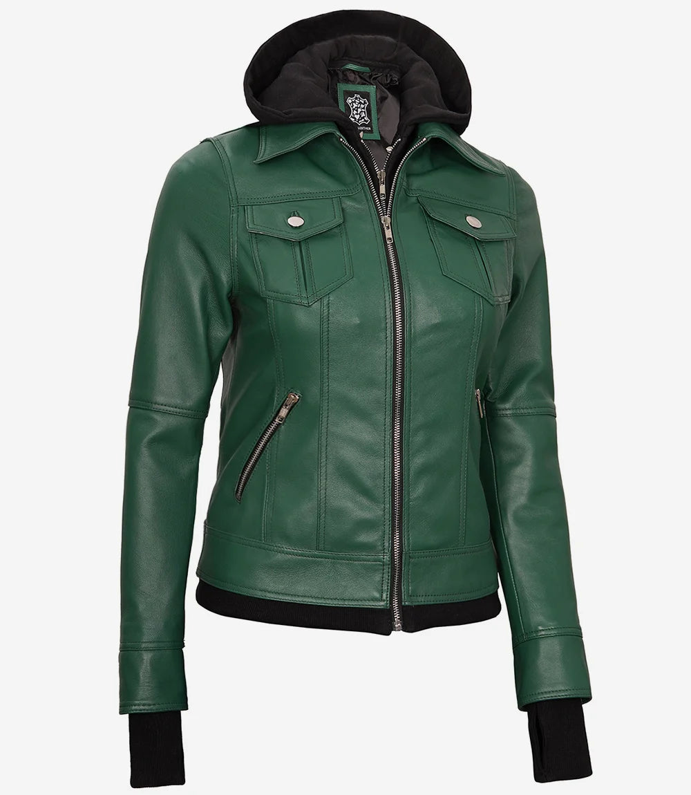 Womens Green Bomber Leather Jacket with Removable Hood