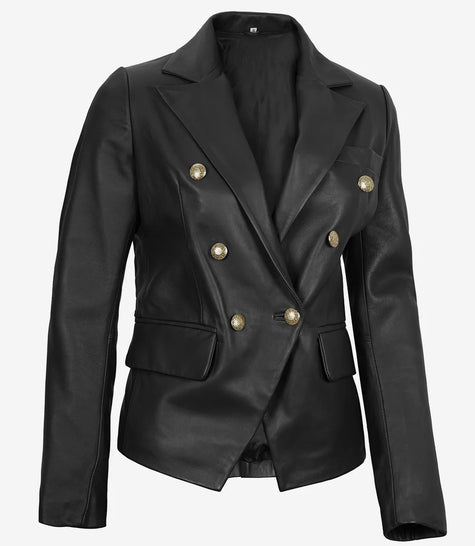 Kim Women's Double Breasted Black Leather Blazer