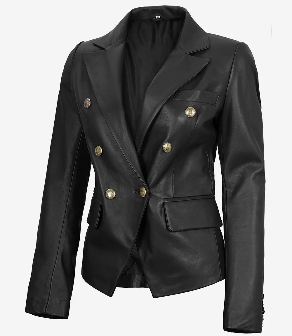 Kim Women's Double Breasted Black Leather Blazer