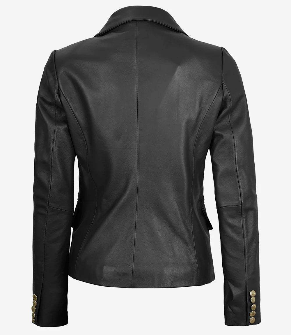 Kim Women's Double Breasted Black Leather Blazer