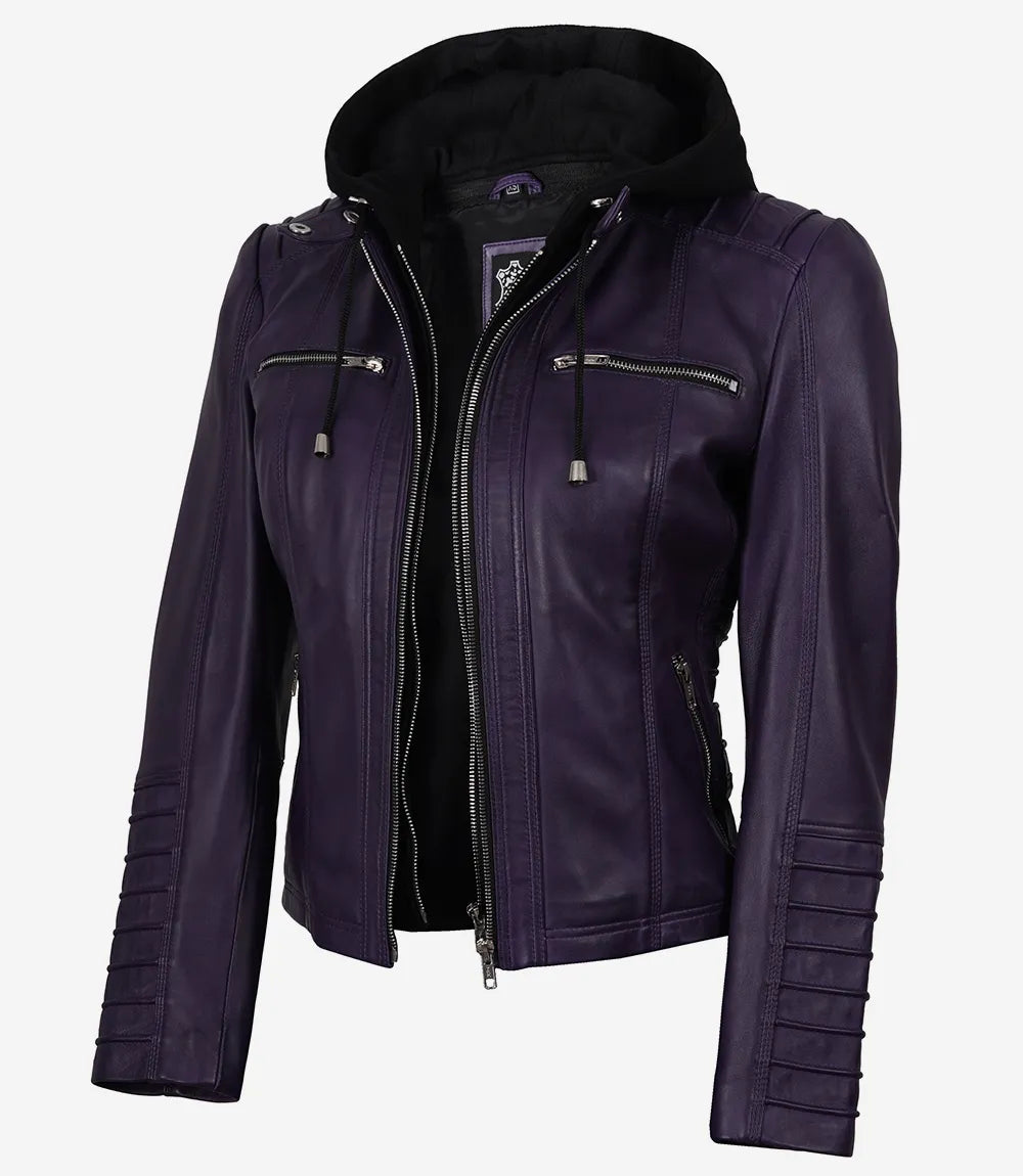 Women's Purple Real Leather Biker Jacket – Removable Hood